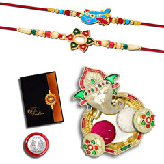 Rakhi (K3_277+282+293_AA3) with Pooja Coin, Shri Ganesh Pooja Thali / Tilak Set & Greeting Card, rakhi thali set, Rakhi with plate, rakhi for brother and bhabhi, rakhi for baby brother, online Rakhi combo, rakhi for brother kids, rakhi Set of 3