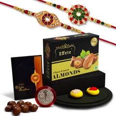 Rakhi (K2_553+554_CA32) & Chocolate Almonds 32gm| Rakhi for brother with gift | handmade rakhi |rakhi combo for brother | stylish rakhi for brother | Set of 2 Rakhi |