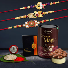 Rakhi (K3_410+411+412_EM) & Chocolate Magic, Rakhi Combo with card and chocolate, chocolates gift pack, Rakhi & Chocolate for brother, rakhi with gift, Set of 3 Rakhi