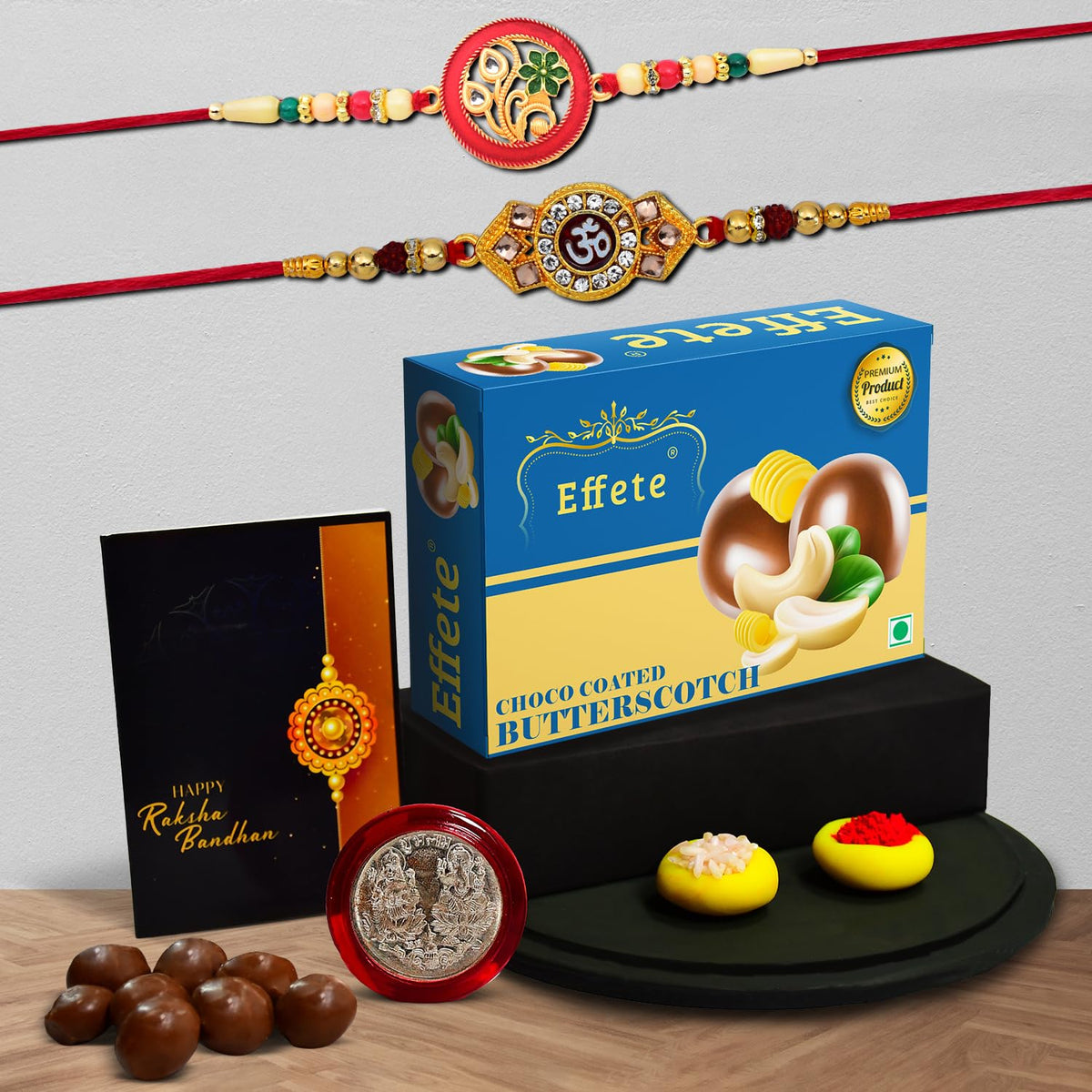 Rakshabandhan OM Rakhi & Floral Rakhi For Brother Set Of 2 with Chocolate Butter Scotch 32gm (K2_517+518_BS32)