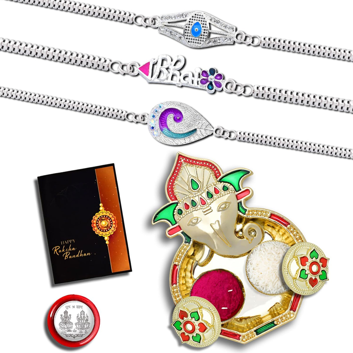 Rakhi Combo (K3_C30+C31+C32_AA3) with Pooja Coin, Shri Ganesh Pooja Thali / Tilak Set & Greeting Card, Rakhi with plate, rakhi thali set, rakhi for brother kids, Fancy Rakhi for brother, Rakhi for Little brother, rakhi for brother and bhabhi, rakhi