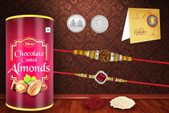 Rakshabandhan Multicolor Silver Plated Rakhi (K2_48+49_P32) 2 Rakhi Combo - 48+49 with Chocofarm Choco Peanuts 32gm, Roli chawal, Pooja Coin & Greeting