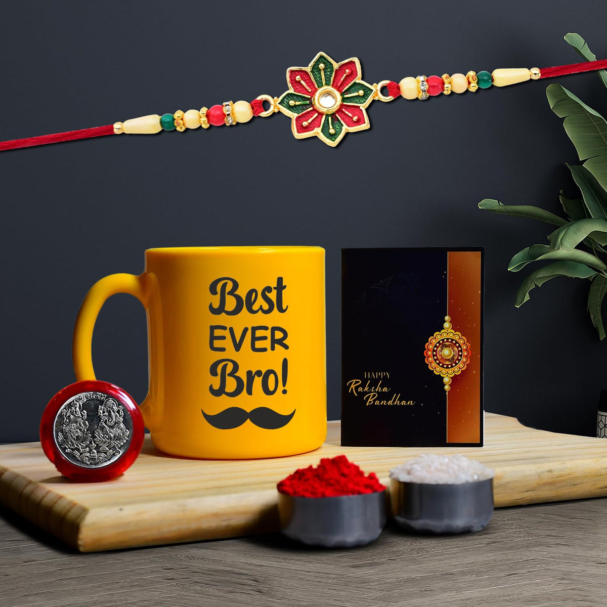 Rakhi Combo (K1_558_YTM) Plastic, Unbrekable Tea / Milk / Coffee Mug (Yellow Best Ever Bro Mug) with Pooja Coin & Greeting Card, rakhi set, rakhi mug, rakhi for brother with mug, rakhi mug for brother, rakhi for brother with coffee mug, rakhi with