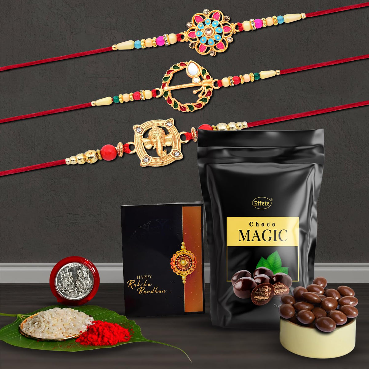 Rakhi (K3_559+560+908_SM) & Choco Magic (Pouch)| Rakhi for brother with gift | Rakhi with chocolate |rakhi combo for brother | Set of 3 Rakhi |  Chocolate|