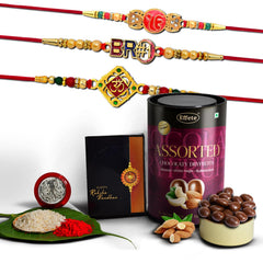 Rakhi (K3_326+360+361_AS) & Assorted Chocolate Dryfruits 96gm, Rakhi & Chocolate for brother, Rakhi with chocolate, rakhi with gift, Rakhi Combo, Set of 3 Rakhi,  Chocolate