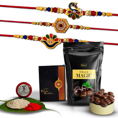 Rakhi (K3_313+314+315_SM) & Choco Magic (Pouch)| Rakhi for brother with gift | handmade rakhi |rakhi combo for brother | stylish rakhi for brother | Set of 3 Rakhi |