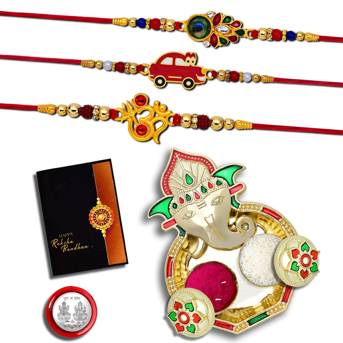 Rakhi Combo (K3_316+317+319_AA3) with Pooja Coin, Shri Ganesh Pooja Thali / Tilak Set & Greeting Card, Rakhi with plate, rakhi thali set, rakhi for brother kids, Fancy Rakhi for brother, Rakhi for Little brother, rakhi for brother and bhabhi, rakhi
