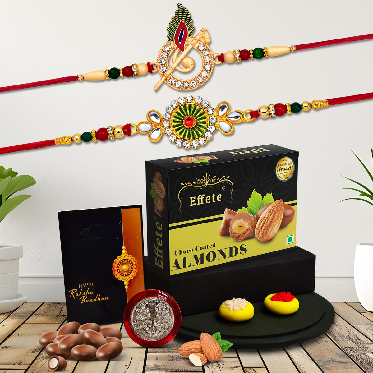 Rakhi (K2_532+546_CA32) & Chocolate Almonds 32gm, Rakhi for brother with gift, Rakhi with chocolate, rakhi combo for brother, Set of 2 Rakhi,  Chocolate