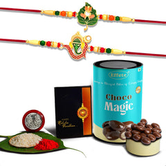 Rakhi Combo (K2_307+309_CM) & Chocolate Magic , with Pooja Coin & Greeting Card, Rakhi Gift Hamper, Rakhi Combo with card and chocolate, chocolates gift pack, Rakhi & Chocolate for brother, rakhi with gift, rakhi set of 2
