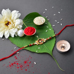 Rakhi For Brother Set Of 1 with Chocolate Butter Scotch 32gm, Pooja Coin with Greeting Card (K1_532_BS32)