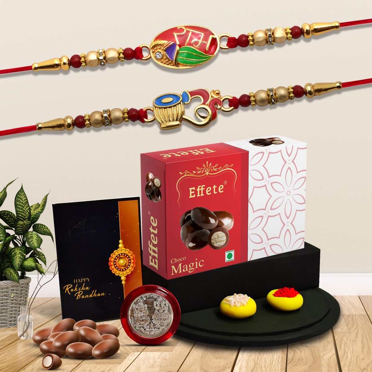 Rakhi For Brother Set Of 2 with Silver Color Pooja Coin, Rakhi With Greeting Card. (K2_251+258_EM32)