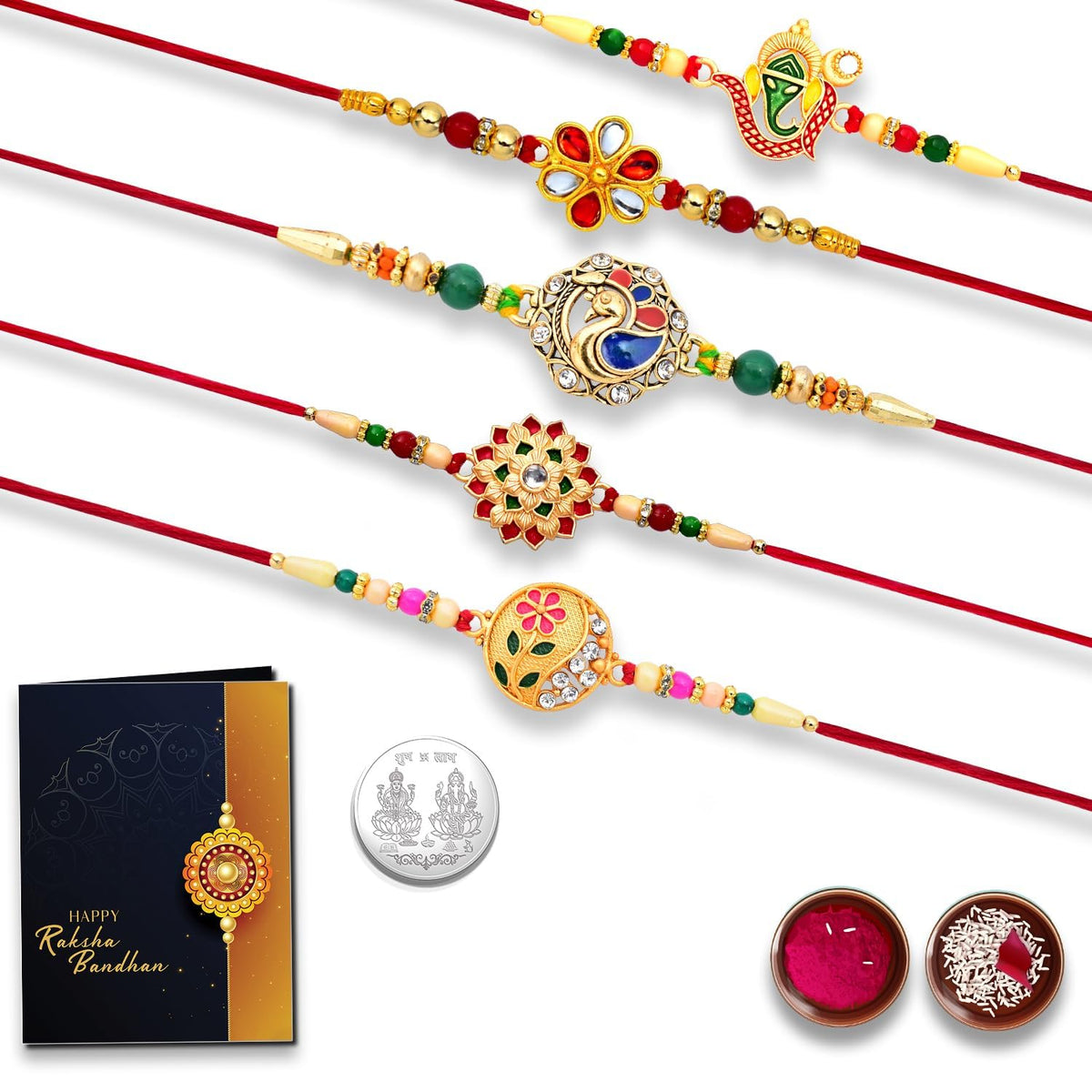 Unisex Adult Rakhi (K5_Nc103) With Pooja Coin & Rakhi Card, Bhai Bhaiya Brother Bhabhi Rakhi Set, Kundan Rakhi, Lumba Rakhi Set, Chandi Ki Rakhi, Rakhi Lumba Set, Rakhi Cards, Silver Rakhi