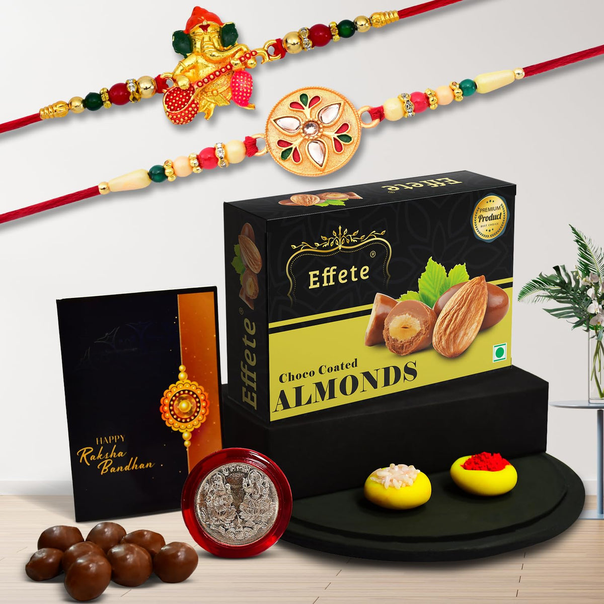 Rakhi (K2_508+511_CA32) & Chocolate Almonds 32gm, Rakhi & Chocolate for brother, Rakhi with chocolate, rakhi with gift, Rakhi Combo, Set of 2 Rakhi,  Chocolate