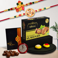 Rakhi (K2_508+511_CA32) & Chocolate Almonds 32gm, Rakhi & Chocolate for brother, Rakhi with chocolate, rakhi with gift, Rakhi Combo, Set of 2 Rakhi,  Chocolate