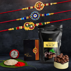 Rakhi (K3_272+273+275_SM) & Choco Magic (Pouch), Rakhi for brother with gift, Rakhi with chocolate, rakhi combo for brother, Set of 3 Rakhi,  Chocolate