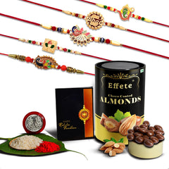 (K5_Nc4_Bs32) Multicolor Bracelet/ Rakhi With  Chocolate Butter Scotch, Silver Color Pooja Coin, Roli Chawal & Greeting Card| Handmade Rakhi |Stylish Set Of 5 Rakhi |
