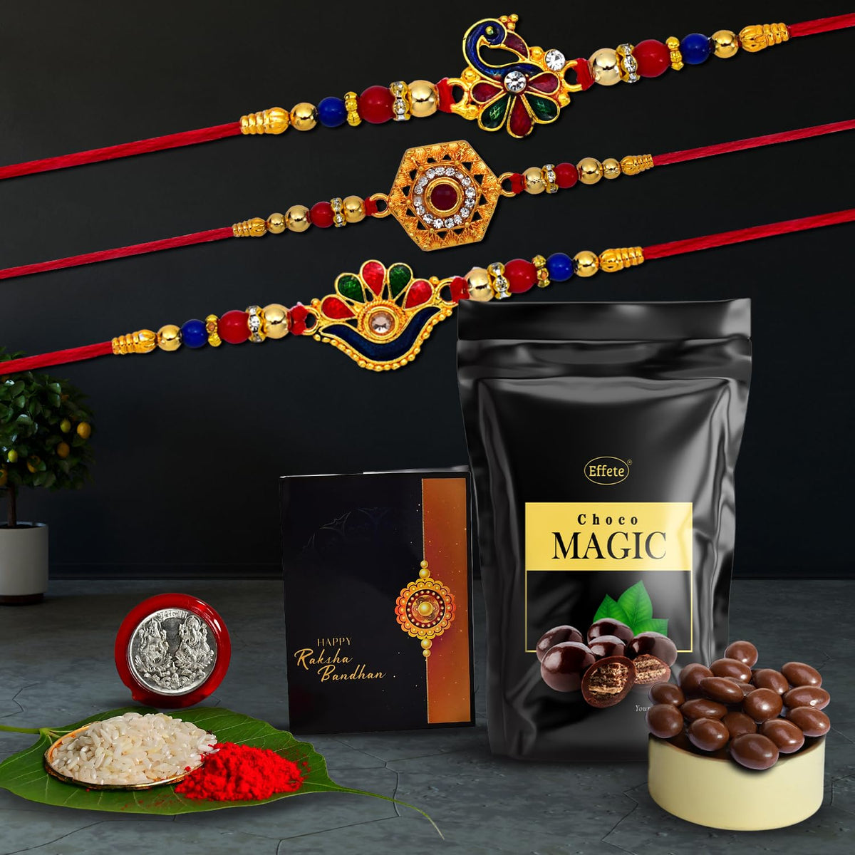 Rakhi (K3_313+314+315_SM) & Choco Magic (Pouch)| Rakhi for brother with gift | handmade rakhi |rakhi combo for brother | stylish rakhi for brother | Set of 3 Rakhi |
