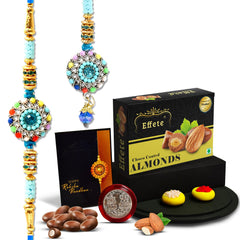 Rakhi For Brother And Bhabhi With Chocolate Almonds 32gm With Pooja Coin & Greeting Card, Bhai Bhabhi Rakhi Set With Gift, Rakhi For Brother And Bhabhi With Sweets, (K1_455_CA32)