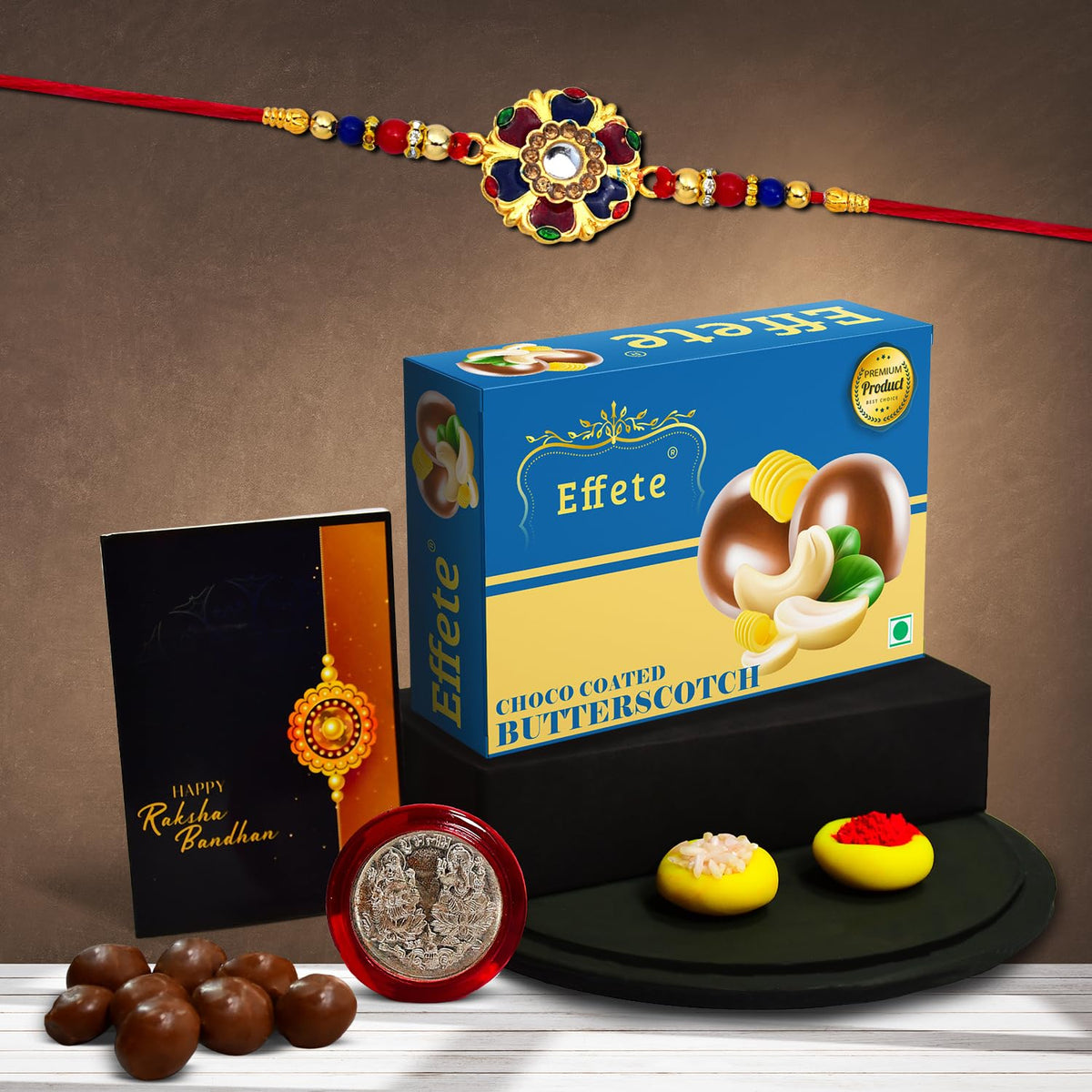 Rakhi (K1_550_BS32) & Chocolate Butter Scotch 32gm, Rakhi for brother with gift, Rakhi with chocolate, rakhi combo for brother, Set of 1 Rakhi, Chocolate