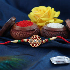 Rakhi Combo Gift Brother Center Filled Chocolate | Golden Color Stone Rakhi | Rakhi Gift Brother/Sister | Bracelet Rakhi | Rakhi Set Of 2| Greeting Card,Roli-Chaval,Coin(K2_509+510_Cb32)