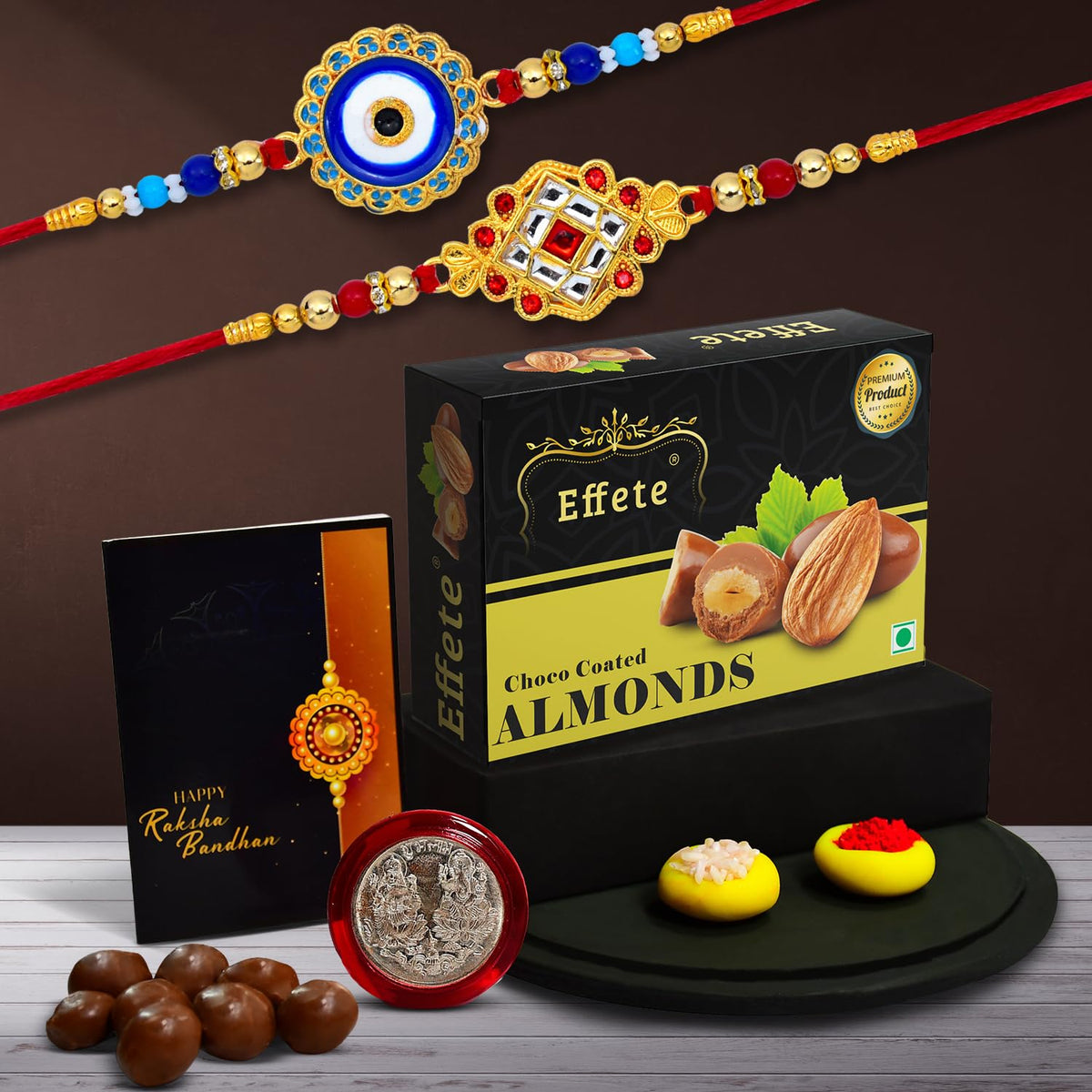 Rakhi For Brother Set Of 2 With Chocolate Magic 32gm, Pooja Coin & Greeting Card, Rakhi For Brother And Bhabhi, Rakhi With Chocolate, Rakhi With Gift For Brother, Rakhi For Kids, Rakhi Set, Rakhi Combo, Rakhi With Sweets (K2_547+548_EM32)