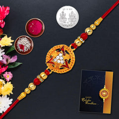 Unisex-Adult Rakhi Combo With (K1_4) With Pooja Coin, Tilak Set & Rakhi Card, Rakhi For Brother & Bhabhi, Silver Rakhi For Brother, Bhaiya Bhabhi Rakhi Set, Chandi Ki Rakhi Set Of 1