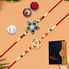 Rakhi Combo (K2_508+512) with Pooja Coin & Rakhi Greeting Card silver rakhi for brother, rakhi for brother and bhabhi, kundan rakhi, lumba rakhi for bhabhi