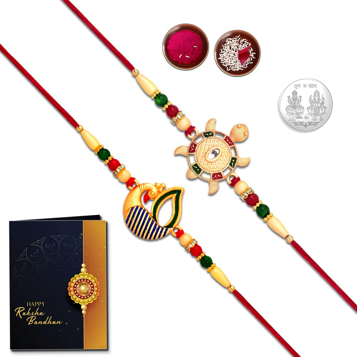 Unisex Adult (K2_501+507 Rakhi Combo With Pooja Coin & Rakhi Greeting Card, Rakhi For Brother, Rakhi Lumba Set, Chandi Ki Rakhi, Rakhi Cards, Kundan Rakhi