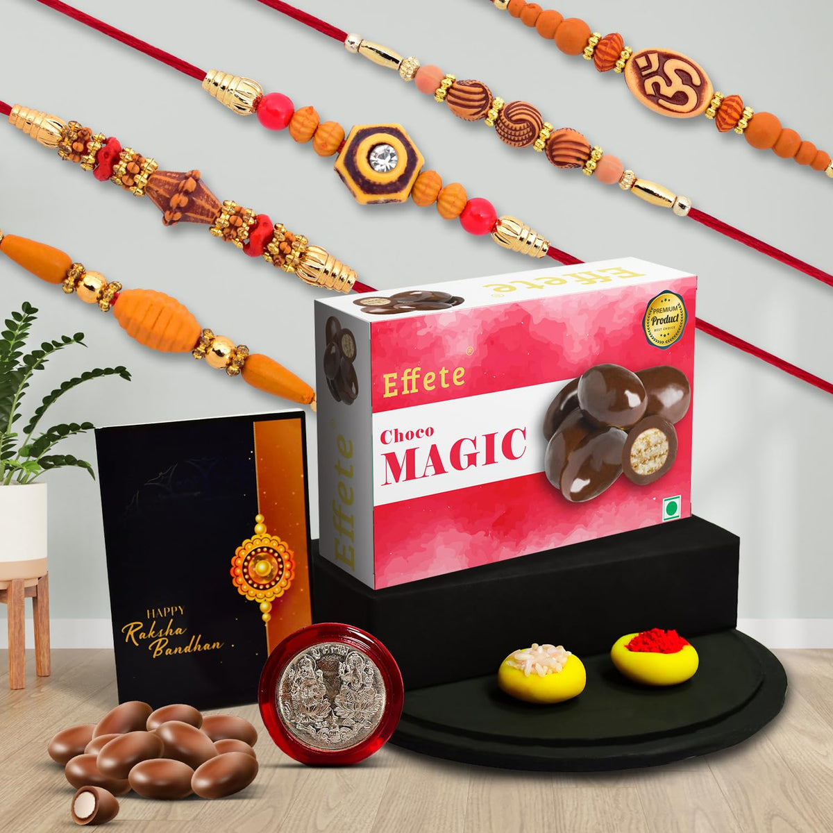 (K5_NC108_CM32) Rakhi Combo with  Chocolate Magic 32gm, Pooja Coin & Greeting Card| Rakhi for brother with gift | handmade rakhi |rakhi combo for brother | stylish rakhi for brother | rakhi set of 5 |