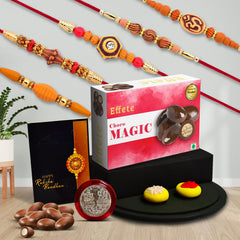 (K5_NC108_CM32) Rakhi Combo with  Chocolate Magic 32gm, Pooja Coin & Greeting Card| Rakhi for brother with gift | handmade rakhi |rakhi combo for brother | stylish rakhi for brother | rakhi set of 5 |