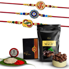 Rakhi (K3_272+273+275_SM) & Choco Magic (Pouch), Rakhi for brother with gift, Rakhi with chocolate, rakhi combo for brother, Set of 3 Rakhi,  Chocolate