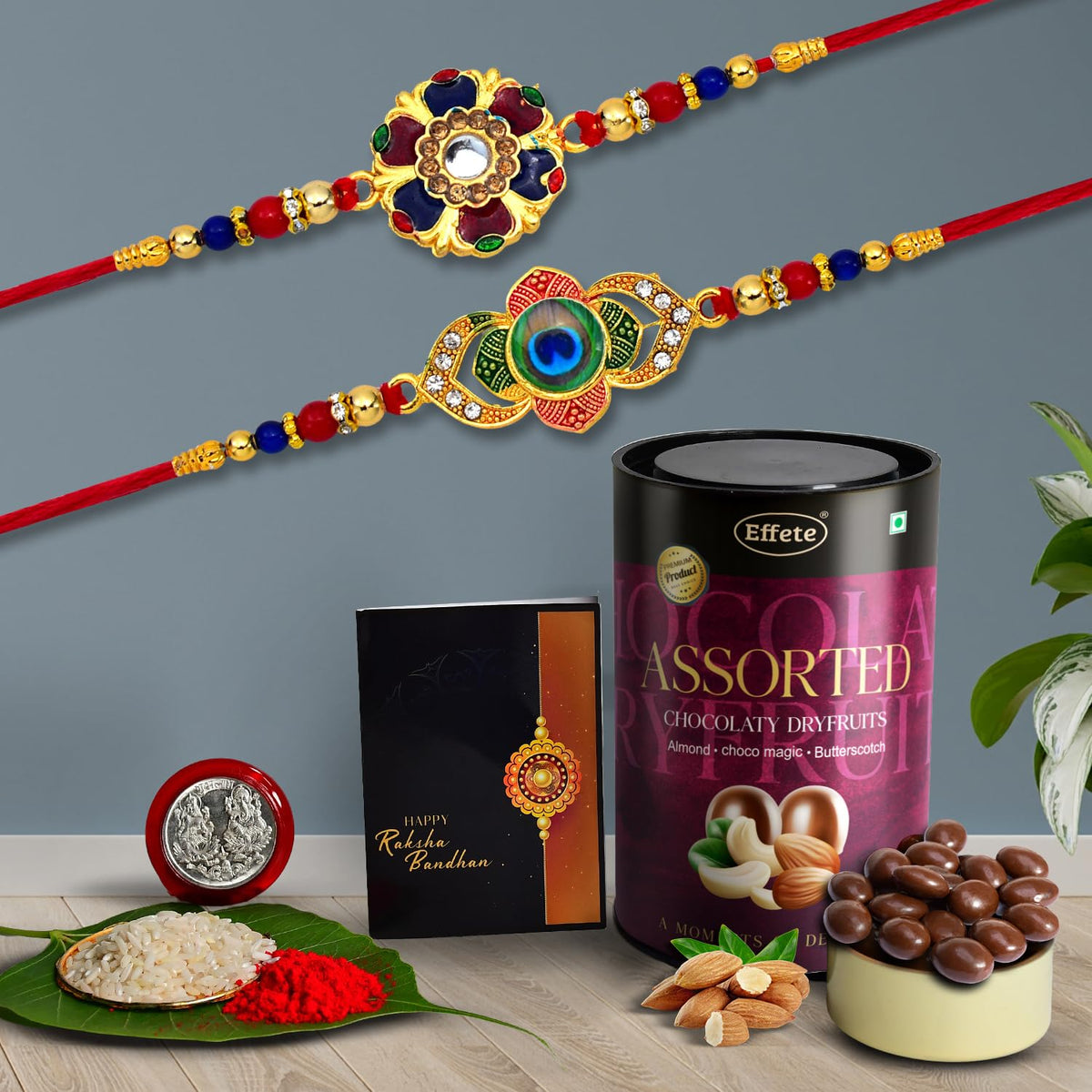 Rakhi (K2_549+550_AS) & Assorted Chocolate Dryfruits 96gm| Rakhi for brother with gift | handmade rakhi |rakhi combo for brother | stylish rakhi for brother | Set of 2 Rakhi |
