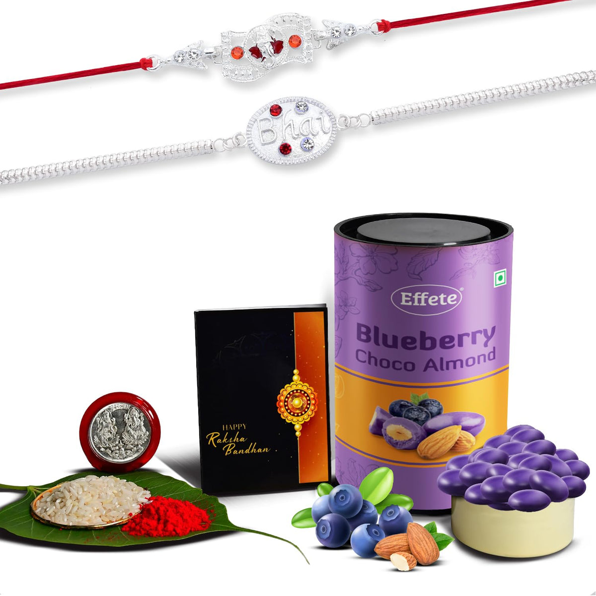 Rakhi Combo (K2_A43+A44_BA) &  Blueberry Choco Almond 96gm with Pooja Coin & Greeting Card | Rakhi Gift Hamper | Rakhi for brother with gift | Rakhi with chocolate |rakhi combo for brother | rakhi set of 2 | Rakhi Chocolate Gift combo|