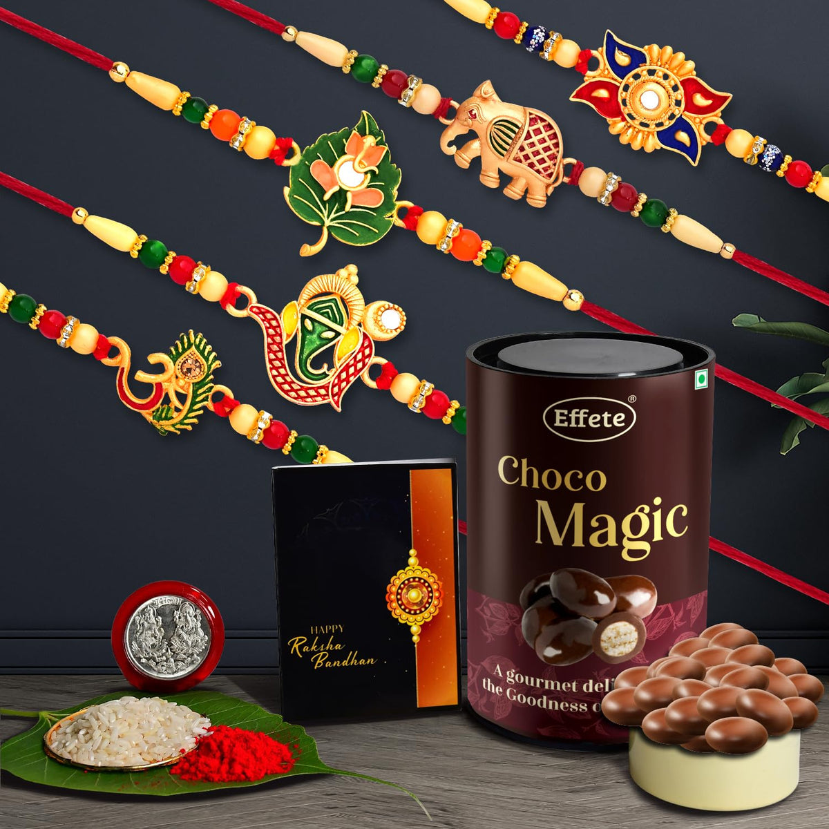 (K5_Nc92_Em) Rakhi With  Chocolate Magic, Pooja Coin & Greeting Card, Rakhi Gift Hamper, Rakhi & Chocolate For Brother, Fancy Rakhis For Men Stylish, Rakhi With Gift, Set Of 5