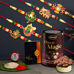 (K5_Nc92_Em) Rakhi With  Chocolate Magic, Pooja Coin & Greeting Card, Rakhi Gift Hamper, Rakhi & Chocolate For Brother, Fancy Rakhis For Men Stylish, Rakhi With Gift, Set Of 5