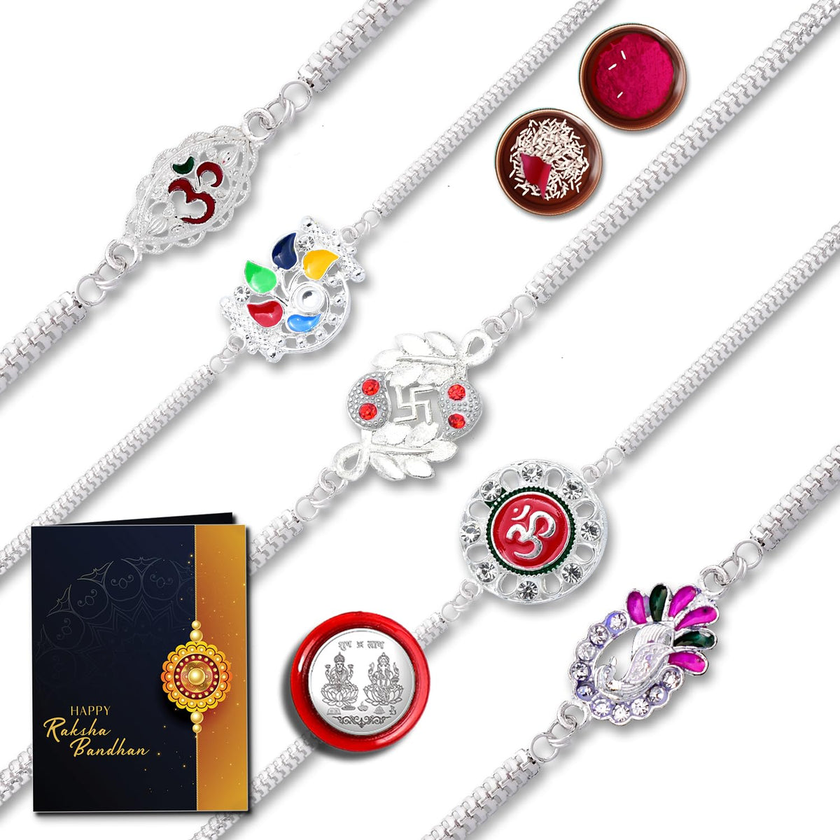 Elegant Silver-Plated Rakhi Set With Multicolor Pattern Pack Of 5 Designer Rakhis For Brothers Best Rakhi Combo For Brothers Attractive Rakhi Set Of 5 - Perfect For Siblings