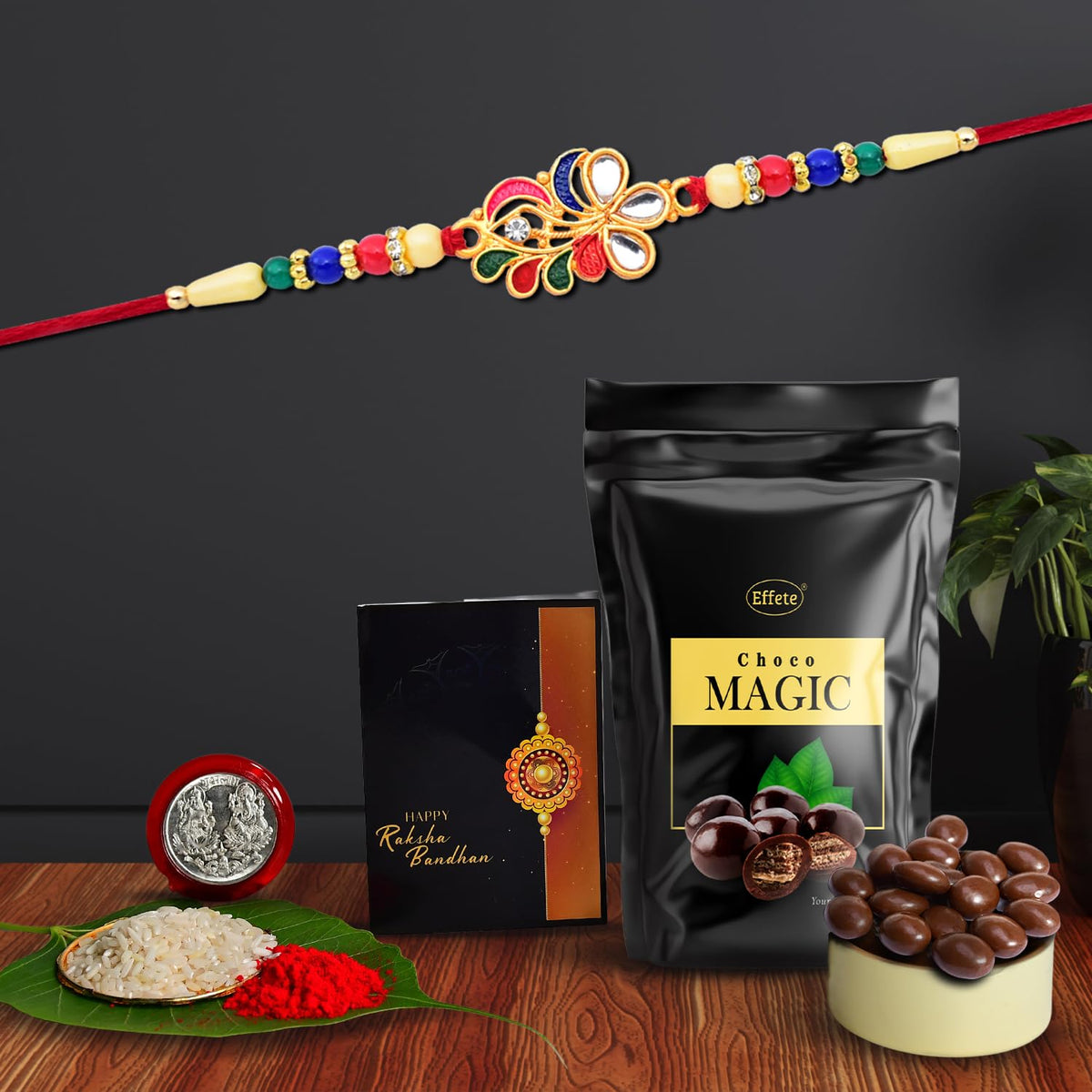 Rakhi For Brother With Choco Magic (Pouch) With Pooja Coin & Greeting Card, Rakhi With Gift, Rakhi Combo, Rakhi For Brother And Bhabhi, Rakhi Gift For Brother, Rakhi For Brother With Chocolate, Rakhi Set Of 1 (K1_556_SM)