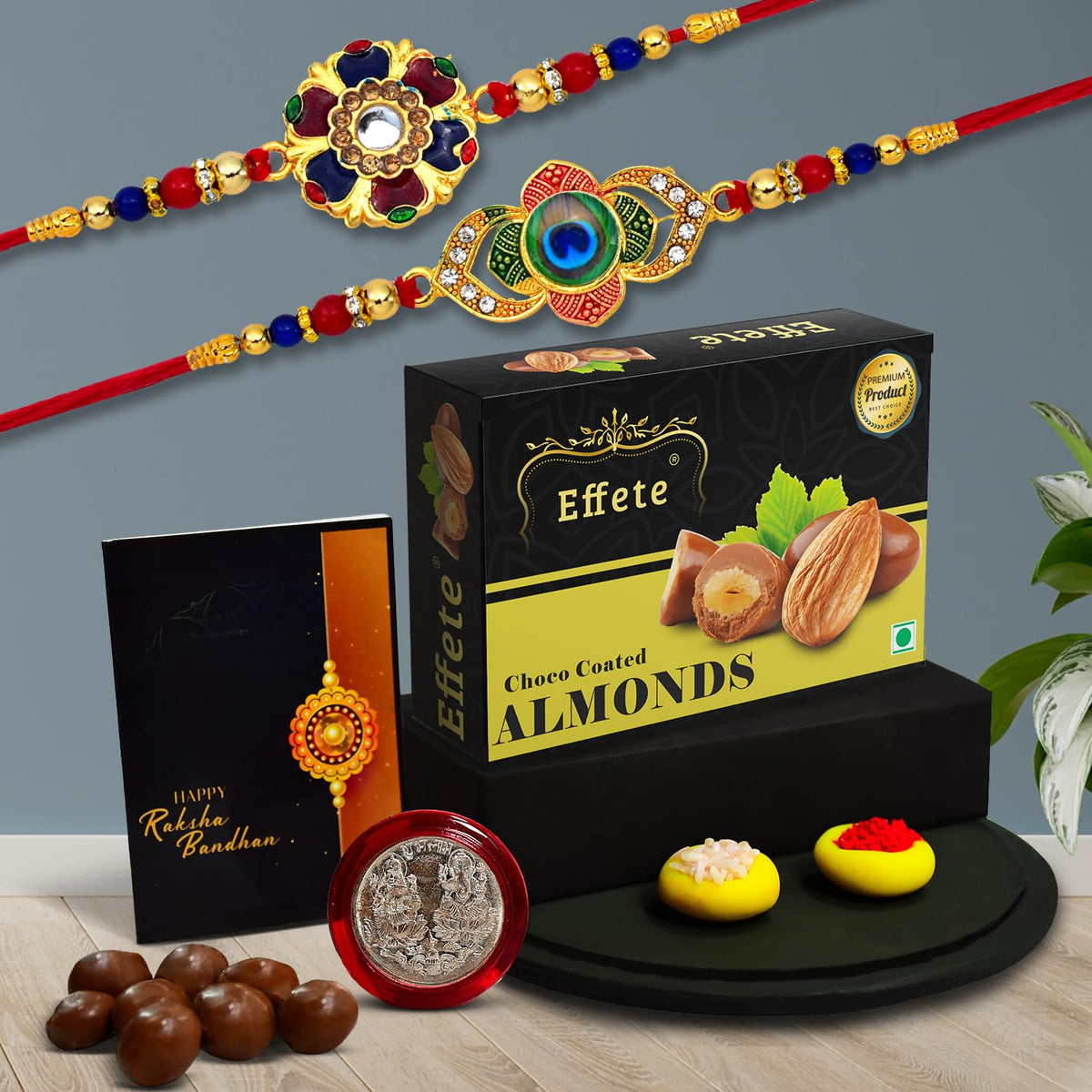 Rakhi (K2_549+550_CA32) & Chocolate Almonds 32gm, Rakhi Combo with card and chocolate, chocolates gift pack, Rakhi & Chocolate for brother, rakhi with gift, Set of 2 Rakhi