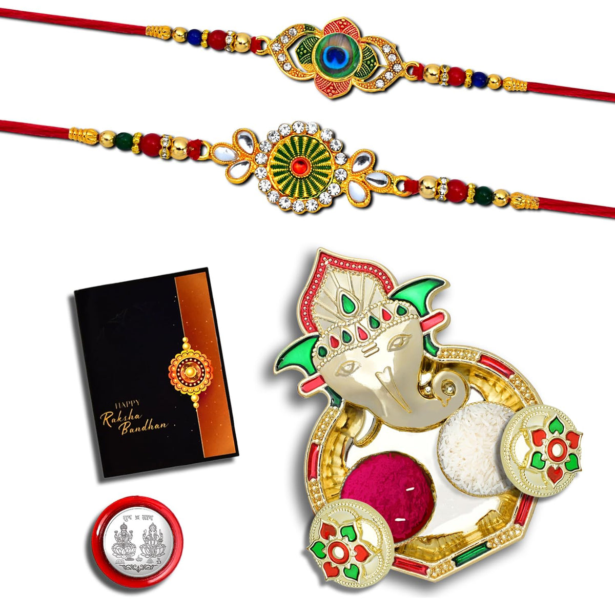 Rakhi Combo (K2_548+549_AA3) with Pooja Coin, Shri Ganesh Pooja Thali / Tilak Set & Greeting Card rakhi thali set, Rakhi with plate, Rakhi for kids, rakhi for brother and bhabhi, rakhi silver, rakhi for baby brother, rakhi for brother kids, rakhi S