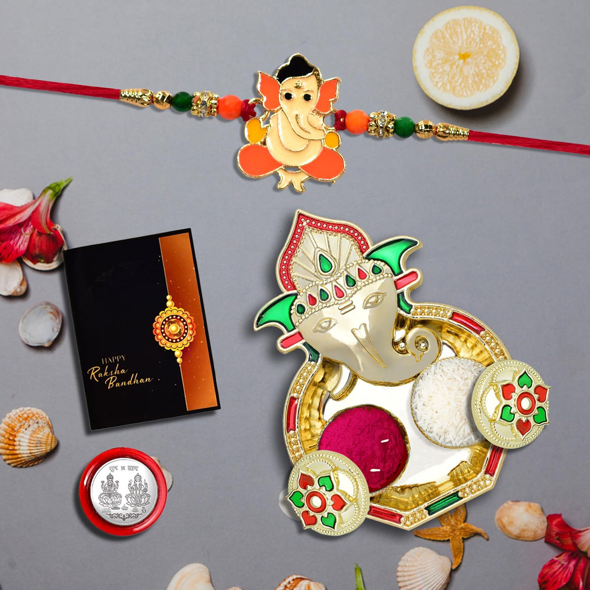 Rakhi for Brother Set of 1 with Dish, Silver Coin & Greeting Card, Rakhi for Brother and Bhabhi, Rakhi with Gift for Brother, Rakhi for Kids, Rakhi Set, Rakhi Combo (K1_255_AA3)