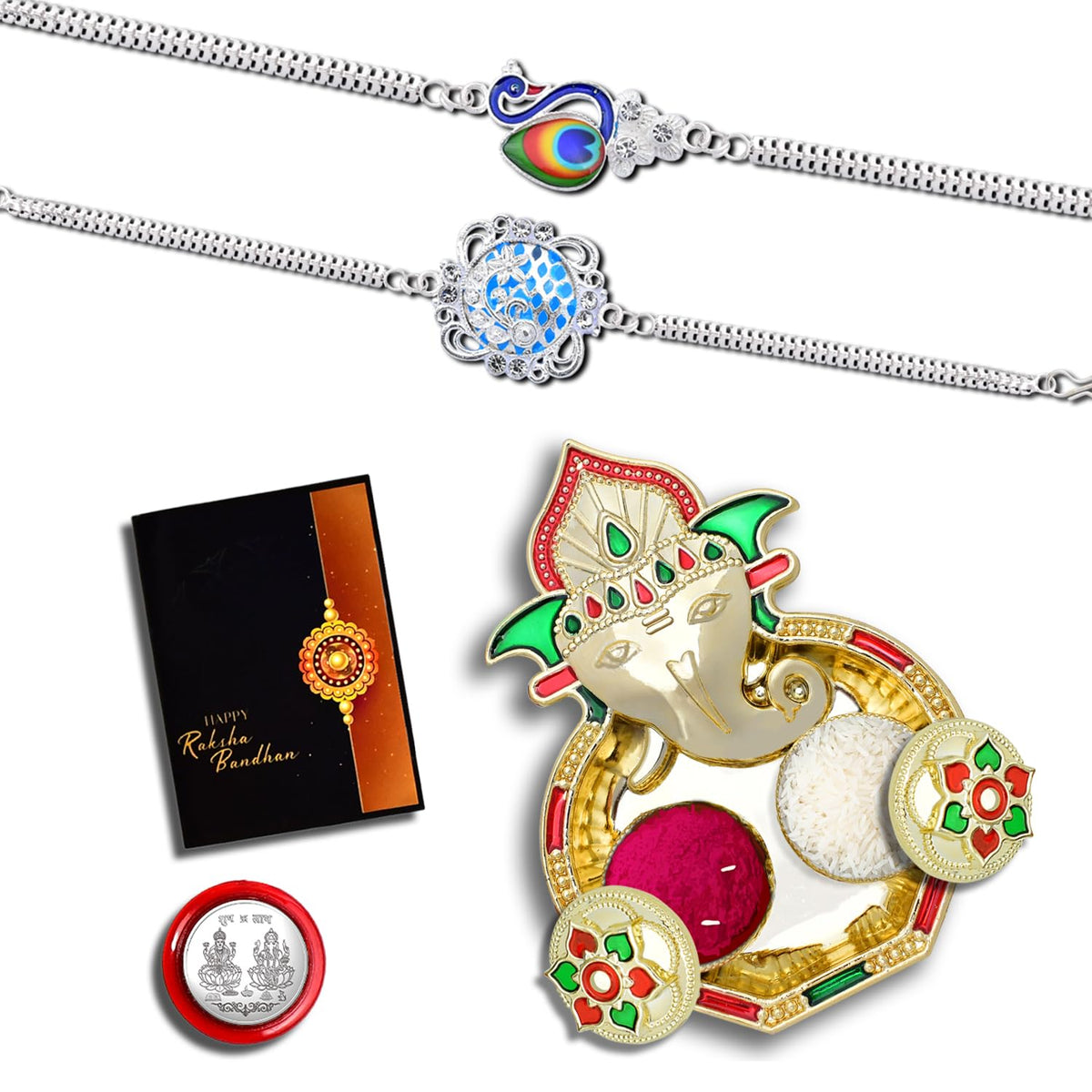 Rakhi Combo (K2_D12+D13_AA3) with Pooja Coin, Shri Ganesh Pooja Thali / Tilak Set & Greeting Card, rakhi thali set | Rakhi with plate | bhaiya bhabhi rakhi set | rakhi hamper | handmade rakhi | rakhi for brother and bhabhi | rakhi for brother kids