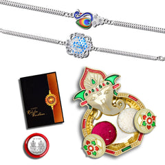 Rakhi Combo (K2_D12+D13_AA3) with Pooja Coin, Shri Ganesh Pooja Thali / Tilak Set & Greeting Card, rakhi thali set | Rakhi with plate | bhaiya bhabhi rakhi set | rakhi hamper | handmade rakhi | rakhi for brother and bhabhi | rakhi for brother kids