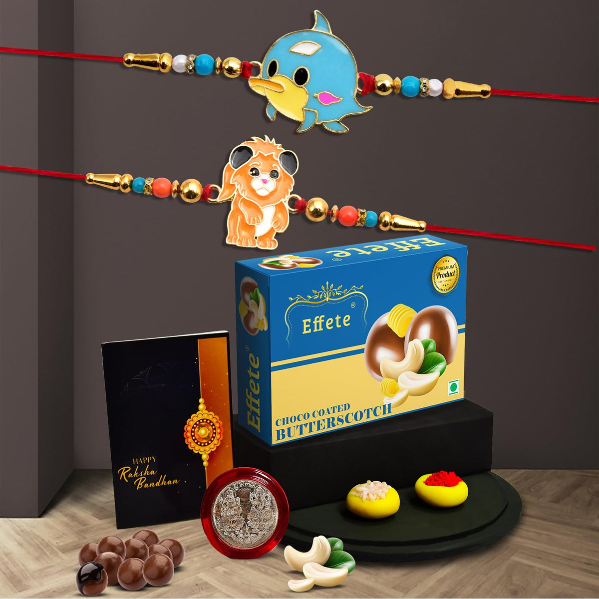 Multicolor Rakhi (K2_105+106_Bs32) & Chocolate Butter Scotch 32Gm Silver Color Pooja Coin, Roli Chawal & Greeting Card, Occasion, Rakhi Combo Card And Chocolate, Set Of 2 Rakhi