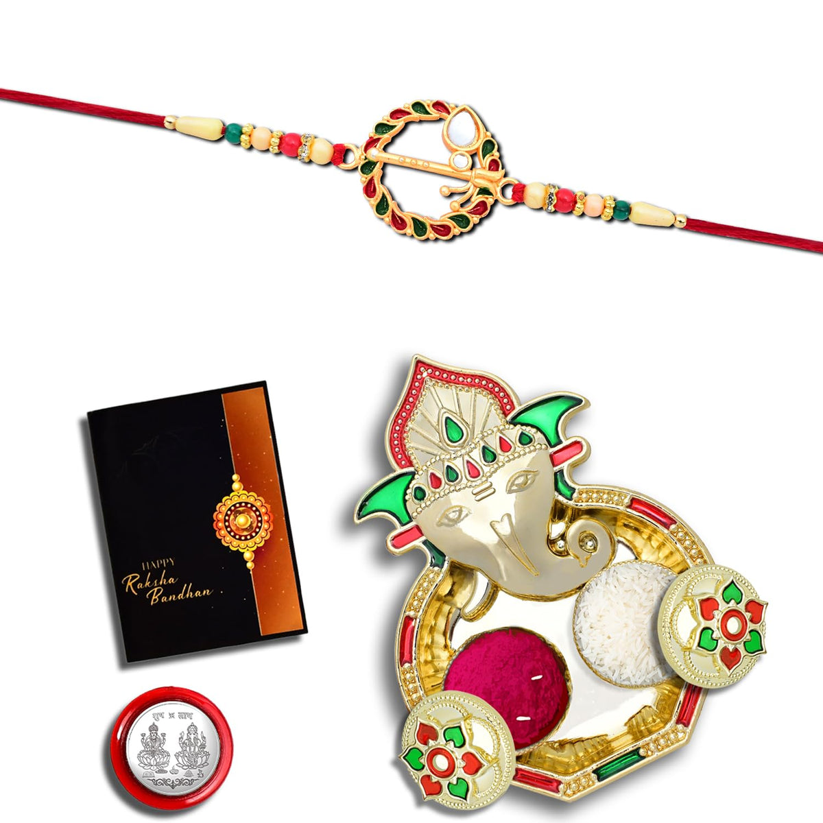 Rakhi Combo with (K1_560_AA3) with Pooja Coin, Shri Ganesh Pooja Thali / Tilak Set & Greeting Card Rakhi with plate | rakhi thali set | rakhi in silver | rakhi hamper | handmade rakhi | rakhi for brother kids | rakhi for brother and bhabhi | rakhi