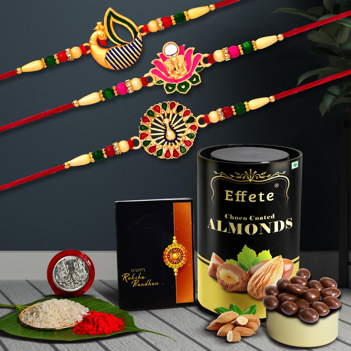 Peacock Rakhi | Rakshabandhan combo Gift For Brother with chocolate butterscotch | Ganpati Golden color Rakhi (K3_541+542+543_BS)
