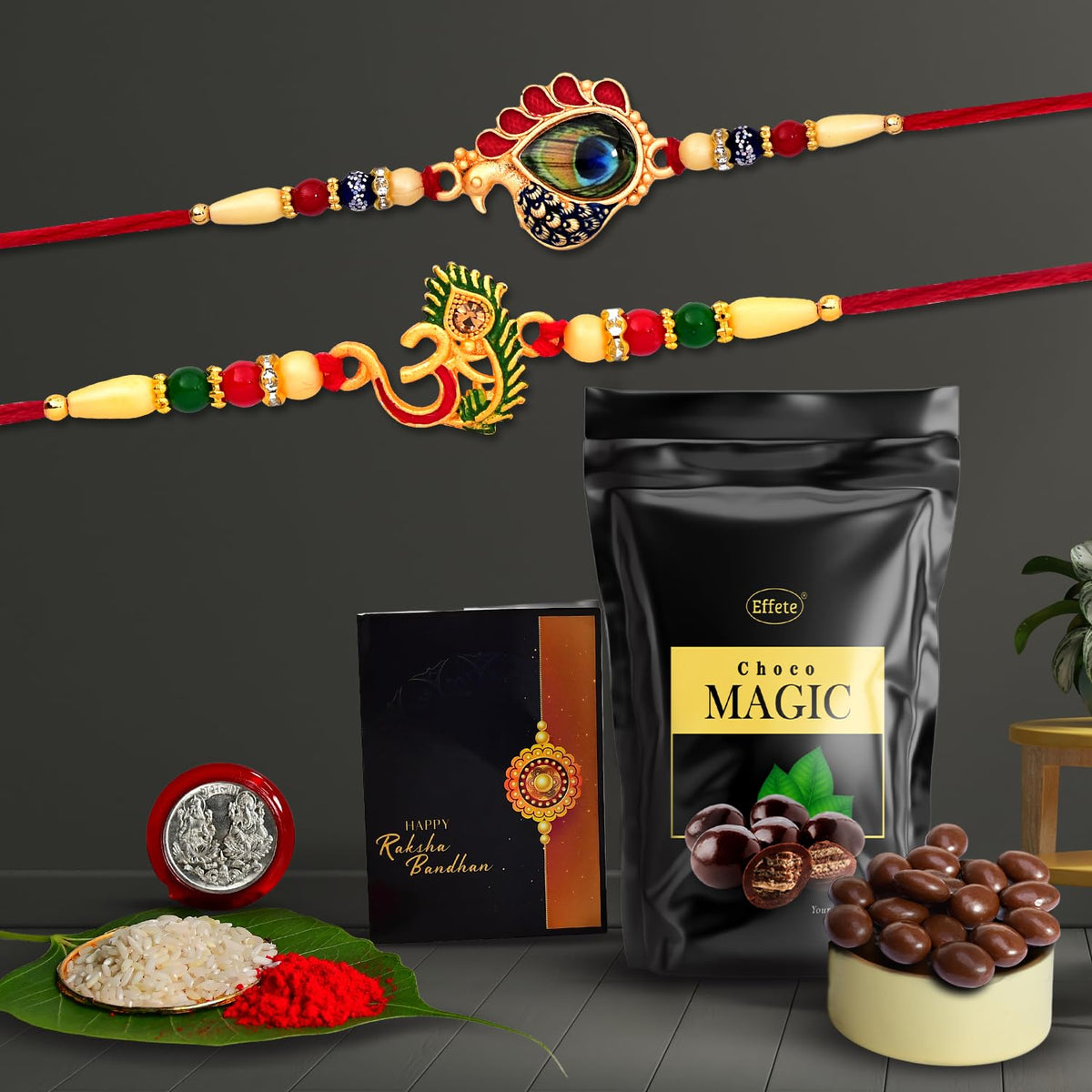 Rakhi (K2_308+905_SM40) & Choco Magic (Pouch), Rakhi & Chocolate for brother, Rakhi with chocolate, rakhi with gift, Rakhi Combo, Set of 2 Rakhi, Chocolate