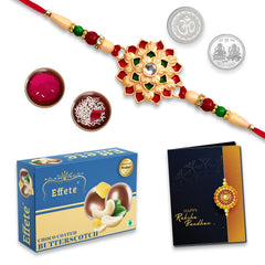 Multicolor Rakhi Combo with  Chocolate Magic 32gm, Silver Color Pooja Coin, Roli Chawal & Greeting Card, Occasion, Rakhi & Chocolate for brother, bracelets for men stylish, rakhi with gift, Rakhi Combo, Set of 2 Rakhi, Rakhi Chocolate Gift co