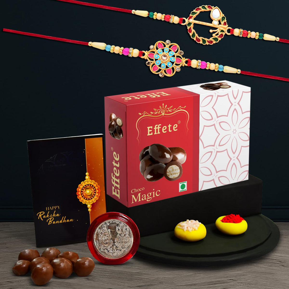 Rakhi (K2_559+560_EM32) & Chocolate Magic 32gm| Rakhi for brother with gift | Fancy Rakhis for men stylish |rakhi combo for brother | Set of 2 Rakhi |  Chocolate|