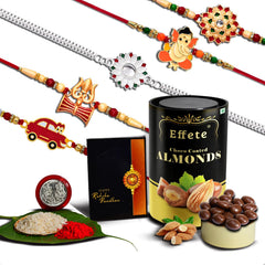 Rakhi (K5_NC69_CA) & Chocolate Almonds 96gm, Rakhi for brother with gift, Rakhi with chocolate, rakhi combo for brother, Set of 5 Rakhi,  Chocolate