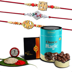 (K3_908+909+A42_CM) Rakhi Combo with Chocolate Magic | Rakhi for brother with gift | Fancy Rakhis for men stylish |rakhi combo for brother | Set of 3 Rakhi |  Chocolate |